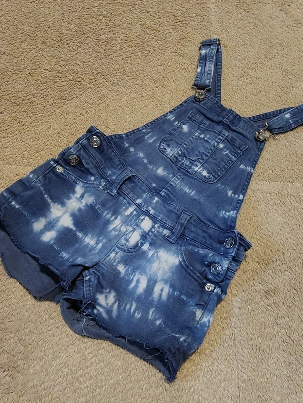 Justice Girls Denim Shorts Overalls Blue Jean Bleach Tie Dye Raw Edge Size 8